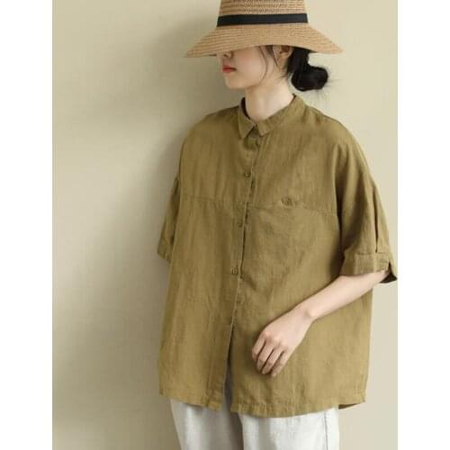 Cotton Linen Shirt Plus Size Women Doll Collar Summer Loose Solid Color Casual Short Sleeve Linen Top Button Up Shirt
