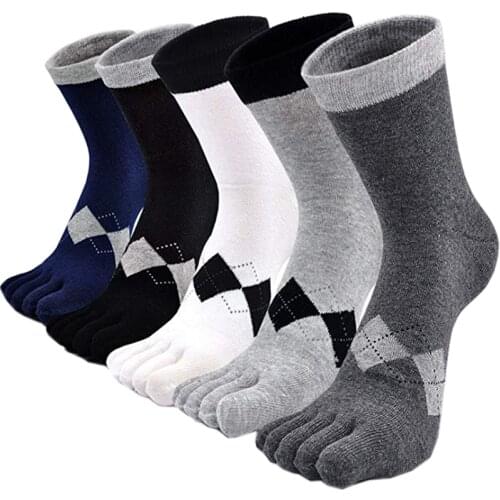 5 Pairs/Lot Mens Toe Socks Classic Geometric Diamond Pattern Business Socks Breathable Cotton Five Fingers Crew Socks Mans Gift