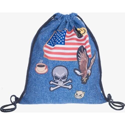 New 3D Printed Drawstring Bag Jeans Pathed Fashion Mochila Cuerda Out Door Drawstring Backpack Women Men Modis String Bag Girl