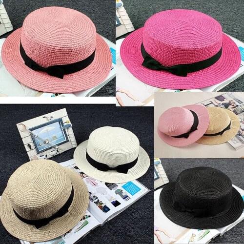Round Sun Modern Flat Boater Snapback Caps Bow Beach Hats Ribbon Flat Top Panama Hat Bone For Women Top Summer 2021 Fashion