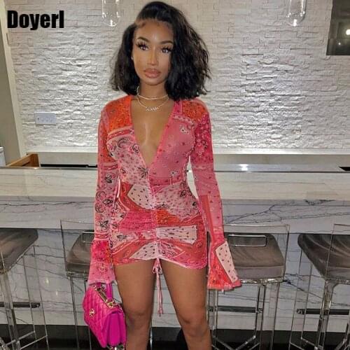Paisley Bandanna Print Drawstring Bodycon Mini Dress Sexy Club Wear Night Party Dress Women Ladies Flare Long Sleeve Beach Dress