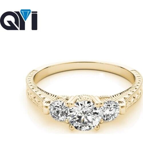 QYI 14K Yellow gold 3 Stone Rings For Woman Round Cut Sona Simulated diamond Vintage Engagement Ring