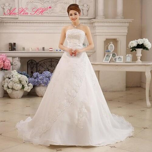 AnXin SH luxury princess white flower lace wedding dress vintage party sleeveless strapless white court train wedding dress