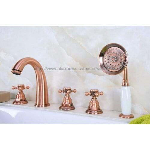 Bathtub Faucet Widespread 3 Cross Handles Roman Tub Faucet 5 Holes Deck Mount Bath Tap with Handshower Btf238
