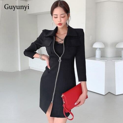 High Street Jacket Style Dress 2021 Autumn Black High Waist Tight Dress Lapel Single Row Zipper Wrist Sleeve Mini Party Dress