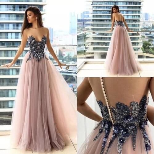 Crystal Beads Evening Dresses 2021 Sheer Neck Sleeveless Button Illusion Tulle Party Prom Gown Floor Length Vestido De Festa