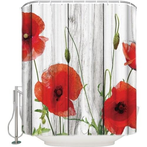 Vintage Wood Texture Background Red Poppy Polyester Fabric Shower Curtain