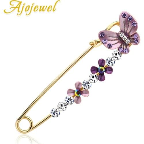 Ajojewel Chic Enamel Flower Butterfly Brooch Pins For Women Suit Rhinestone Large Safety Pins Broche Femme Bijoux