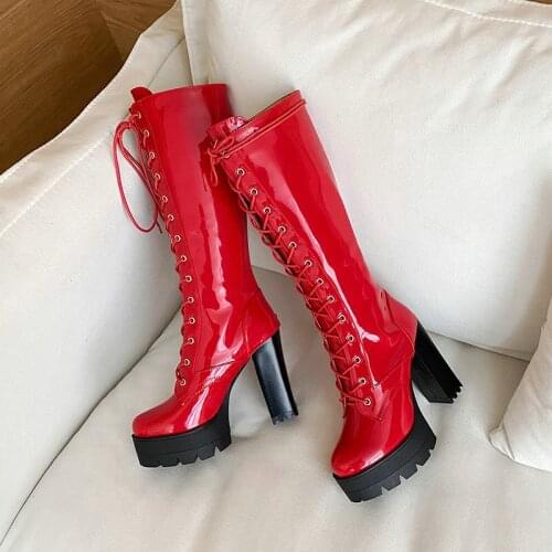 Round-toe Lace-up Womens Patent Leather Knight Boot Knee-length Waterproof Platform Thick-heeled High-heeled Womens Sexy Boots