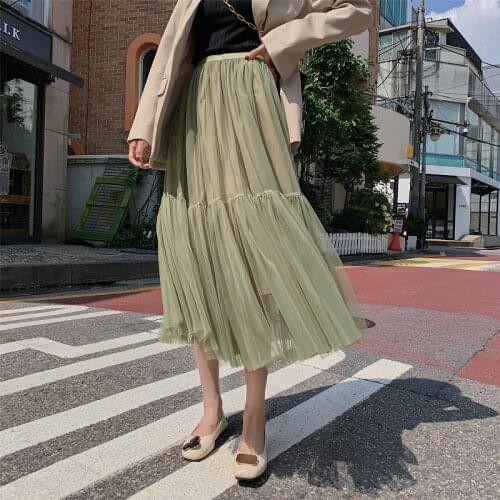Women Midi Skirts Pleated Patchwork Soft Mesh Long Skirt Tutu Tulle High Waist Spring Summer Skirts For Women Femme Saia