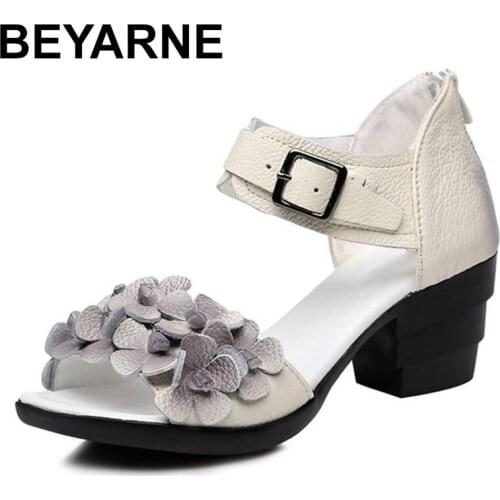 BEYARNE Women Thick Heels Sandals Peep Toe Flower Ethnic Style Handmade Genuine Leather Personalized Women Sandal