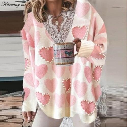 New Autumn Fleece Sweater Women Elegant Soft Comfortable Lace Patchwork Pullover Top Female Winter V-Neck beads Loose knitwear