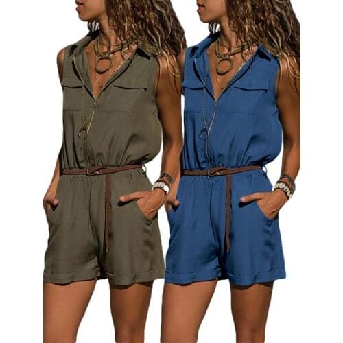 Women Fashion Beach Style Jumpsuits Zippered Shorts Overall Pocket Romper Fashion Jumpsuit One-pieces Summer