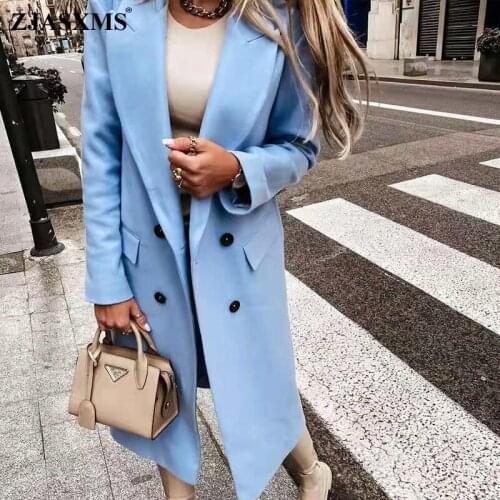 Solid Office Lady Long Blazer Coats Elegant Notched Collar Double Breasted Women Cardigan Autumn Winter Long Sleeve Suit Outwear