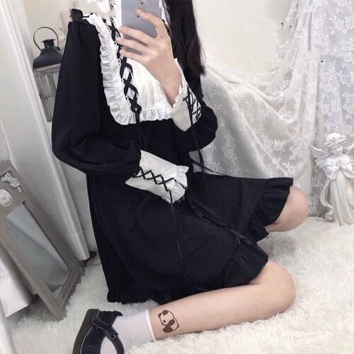 Women Kawaii Lolita Gothic Dress Cute Vintage Lace Cross Long Sleeve Princess Dress Japanese Sweet Ruffle Teen Girl Dresse Black