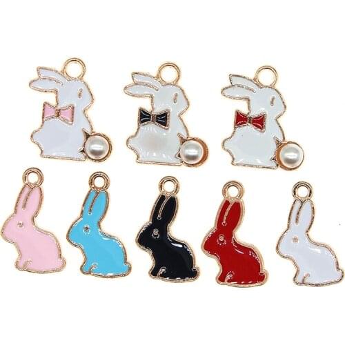 10pcs/lot Cute Animal Enamel Rabbit Bow Pearl Charms Pendant For Earrings Necklace Bracelet DIY Jewelry Making Findings XL1059