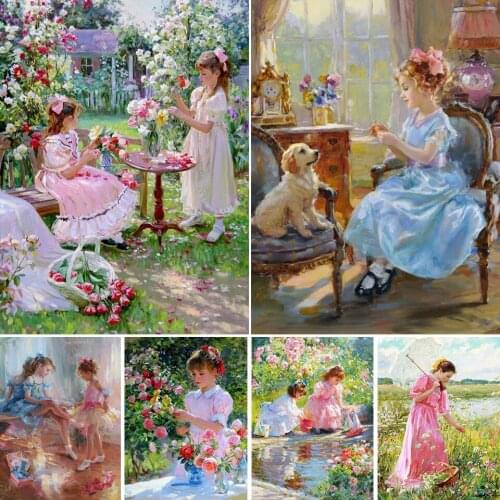 5D DIY Diamond Painting Portrait Girl Full Drill Square Embroidery Garden Scenery Mosaic Art Picture of Rhinestones Decor Gift