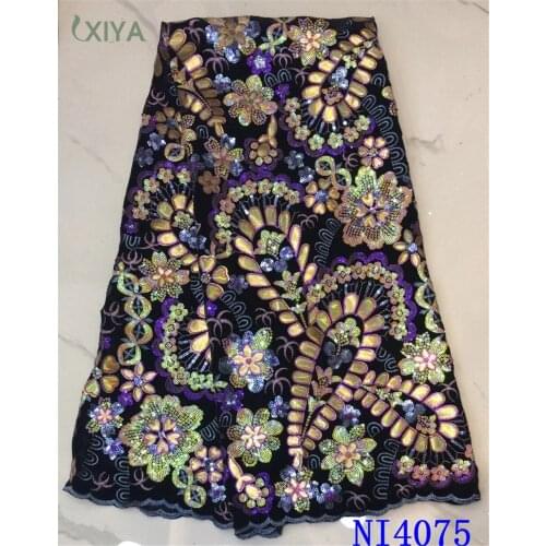 African Lace Fabric with Sequins Nigerian Velvet Lace Fabric Embroiderey Colorful French Net Lace Fabric for Party Sewing NI4075