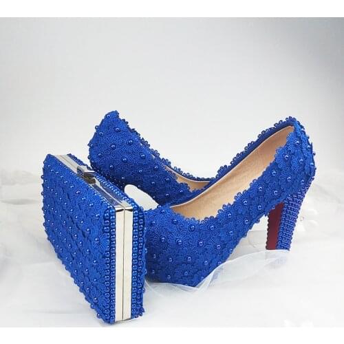 BaoYaFang Fashion Thick Heel Royal Blue Flower Wedding shoes for woman High heel platform shoes with matching bags