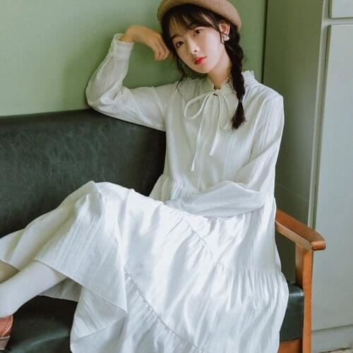 Preppy Style Long-sleeve Autumn Winter Basic White Dress Mori Girl Gothic Cotton Long Dresses for Women Vestido Boho Chic Verano
