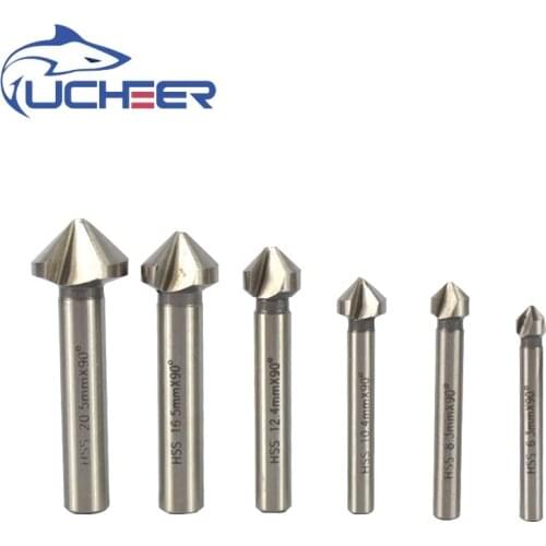 Free Shipping UCHEER 6pcs 90 Degree HSS Chamfer Cutter 6.3-20.5mm 3Flute Chamfer Drill Bit Set Countersink Drill Bit