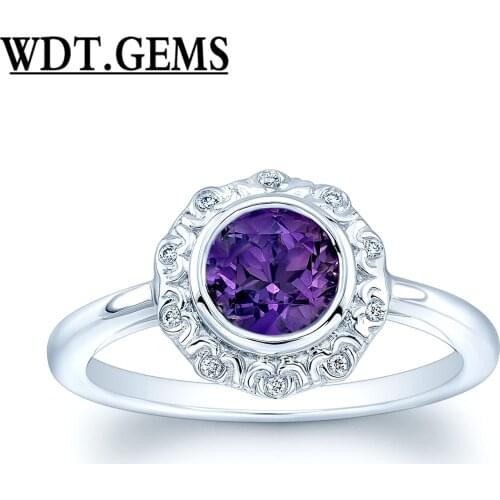 10k White Gold Amethyst Antique Finish Diamond Ring Bezel Set Round Cut Natural