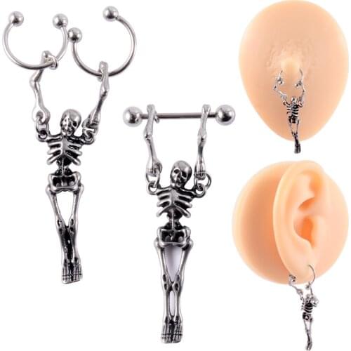 2PC Steel Punk Handmade Vintage Skeleton Skull Barbell Earrings Nipple Ring 2in1 Gothic Jewelry Modernos With Different Wear Way