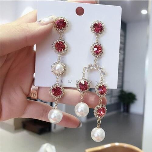 Korean Trendy Blue Red Shiny Rhinestone Pearl Temperament Long Drop Earrings for Women New Jewelry Statement Earrings EC1956