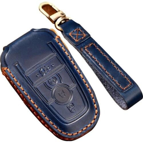 Leather Car Key Case cover For Ford Mustang 2018 EcoSport Smart Remote Fobs Shell Cover Keys Bag Keychain Auto Accessories