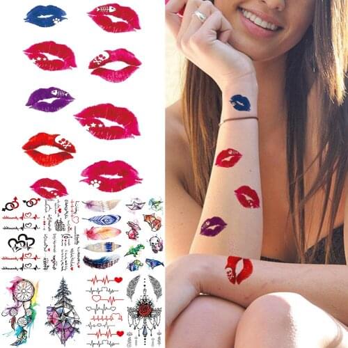 Colorful Lips Temporary Tattoos For Kids Girls Children Plumage Dreamcatcher Tattoo Fake Jewelry Pendant Sexy DIY Tatoo Sticker