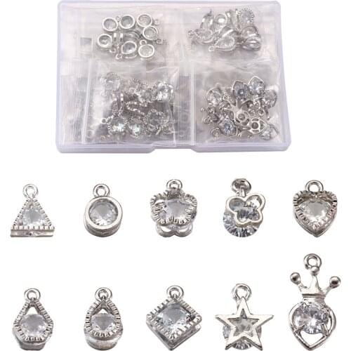 100x Silver Color Clear Cubic Zirconia Alloy Heart Flower Triangle Rhombus Star Teardrop Round Pendants Charms Jewelry Making