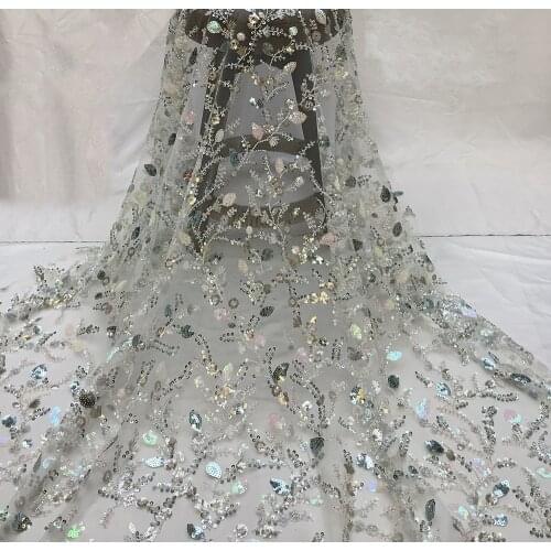 High Quality French Mesh Lace Fabric Sequins Beads Tube Craft Tulle Embroidery Sewing DIY Bridal Gown 5 Yards