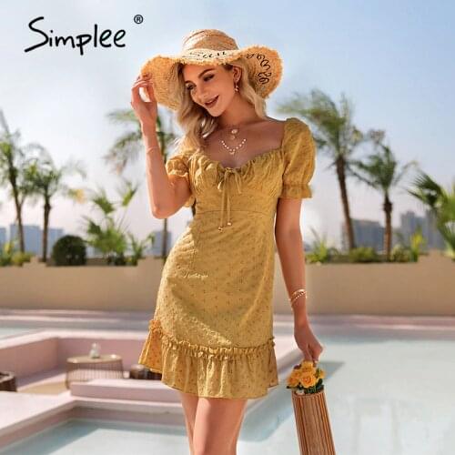 Simplee Cotton ruffled puff sleeve mini women dress Yellow high waist lace up mini dress Summer elegant sexy women dress 2021