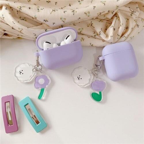 Purple Tulip Dog Pendant For AirPods 1 2 Case Silicone Soft Cute Case Bluttooth Earphone Charging Box Cover For Air Pods
