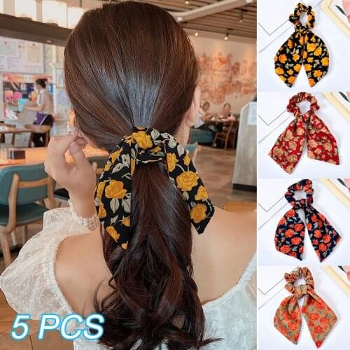High Qua 5pcs Hair Scrunchies Scarves Vintage Floral Hair Ribbon Tail Ponytail Flower Pattern Long Bow Knotted Hair Band