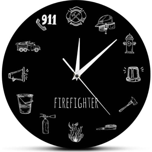 Firement Equipments Hand Drawing Decorative Wall Clock Firefighter Tools Black Round Modern Wall Clock Fire Department Wall Art