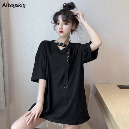 Solid T-shirts Women Patchwork Korean Style Chic Trendy Gothic Harajuku All-match College Students Teenagers Summer Slim Lady