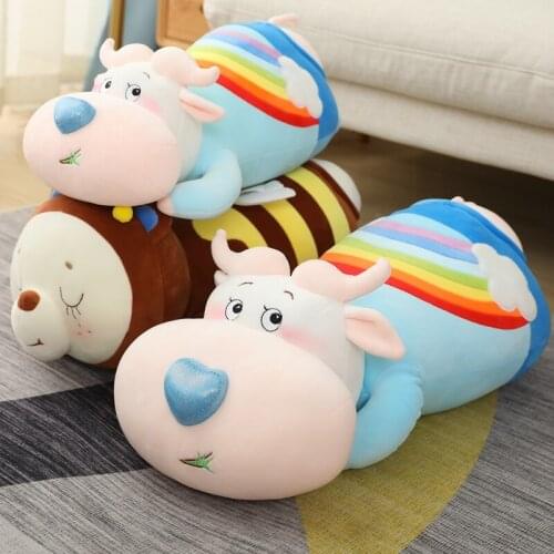 50/60/70/80CM Cute Rainbow Cattle Bee Plush Toys Lovely Pillow Stuffed Soft Lying Cow Cushion For Children Baby Birthday Gifts