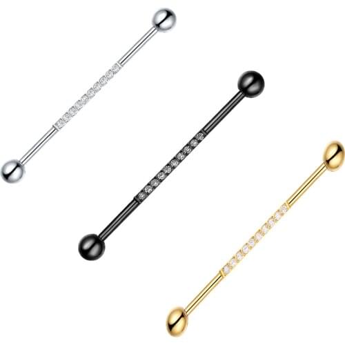 Industrial Scaffold Barbell Ear Piercing Bar Surgical Steel Charm CZ Gem Zircon 14G Long Earring Black Gold Cubic Zirconia 16G