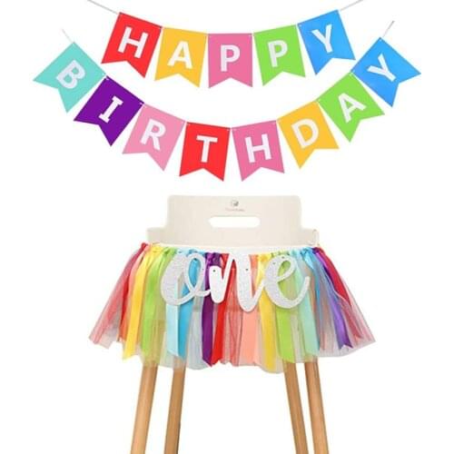 Rainbow Theme High Chair Banner + Happy Birthday Paper Banner Cake Photo Backdrop Sunshine Baby Shower 1st Birthday Party Decor