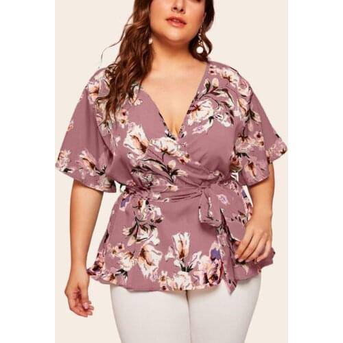Plus Size 5xl Blouse Women Printed Waist Belt Shirts V-Neck Short Sleeve Tops Blouses Tops Blusas Mujer Summer T-shirt A20