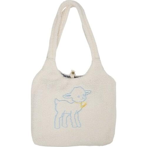 Girls Cute School Bag Women Lamb Like Fabric Shoulder Tote Bag Simple Canvas Fluffy Handbags Large Capacity Soft Shopping Bags