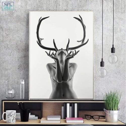 SPLSPL Black and White Creative Female Elk Antlers Abstract Poster Wall Art Canvas Painting Picture for Home Decor No Frame
