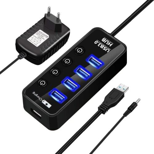 Super Speed 4 Ports USB 3.0 Hub Powered USB Splitter With 1 USB Charging Port Individual On/Off Switches With AC Power Adapter