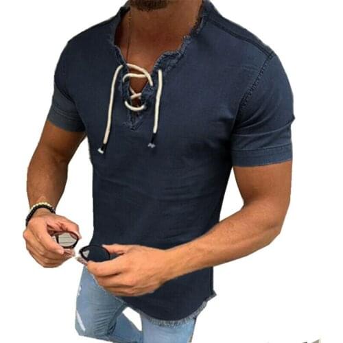 Tops Basic Tee New 2021 Hot Mens Denim Short Sleeve V-Neck T-Shirt Casual Lace Up Blouse