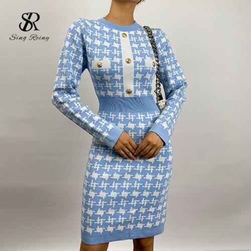 SINGREINY Retro Houndstooth Plaid Knitted Dress Women Long Sleeve Slim Pencil Dress Autumn Winter Sexy Bodycon Sweater Dress