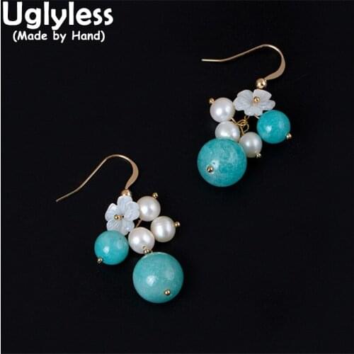 Uglyless Amazonite Pearls Beading DIY Earrings for Women Romantic Floral Earrings 925 Silver Summer Fashion Dress Jewelry Gold