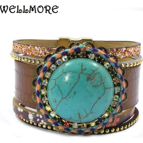 WELLMORE Leather bracelets round Stone Bohemian charm bracelets for women jewelry wholesale dropshipping