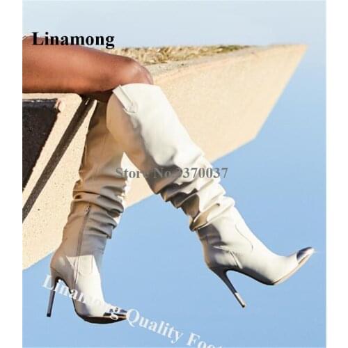 Brand Design Women Pointed Metal Toe Stiletto Heel Over Knee Boots Slip-on White Black High Heel Long Boots Motorcycle Shoes
