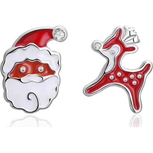 ZEMIOR Fashion Cute Earrings Women Christmas Fawn With Santa Claus Asymmetry Enamel Process Stud Earring Party Jewelry Gift Best
